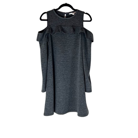 LOFT Ruffle Cold Shoulder Grey Mini Dress Crew Neck SZ S - Picture 2 of 8